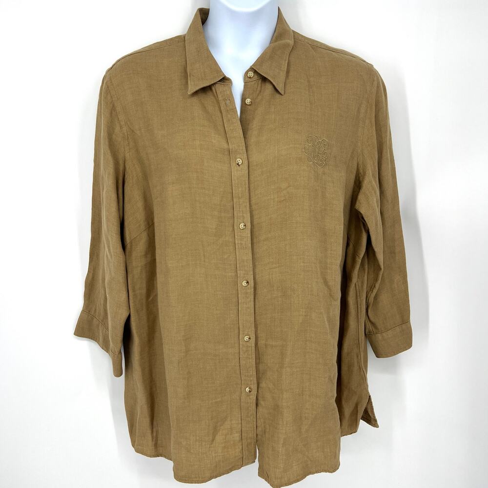 VTG Lauren Ralph Lauren Womens Tobacco Button Up Blouse ¾ Sleeve 2XL **READ**
